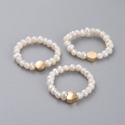 Stretch Natural Cultured Freshwater Pearl Finger Ring Sets, with Brass Beads and Elastic Crystal Thread, Heart & Flat Round & Hexagon