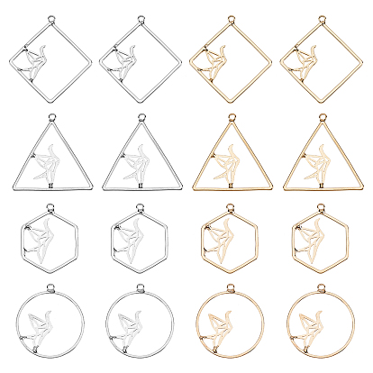 16Pcs 8 Style Alloy Hollow Pendants, Hexagon with Paper Crane