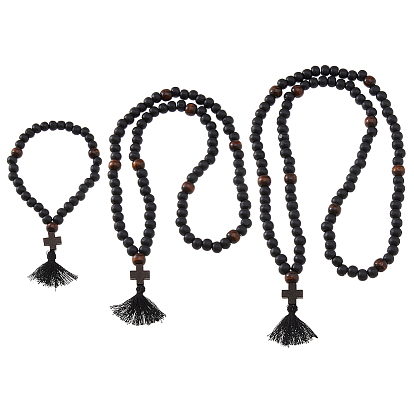 3шт. крест круглый деревянный бисер молитвенные четки подвеска украшение, С полиэфирной кисточкой