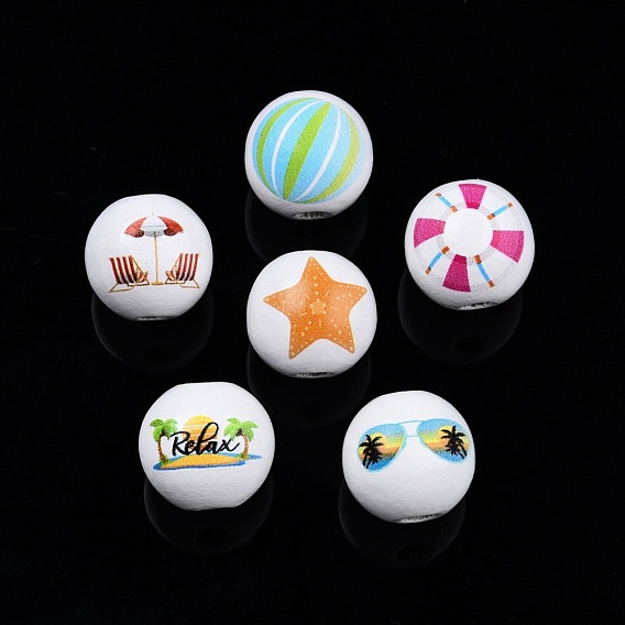 Beach Theme Printed Wooden Beads, Round with Volleyball/Glasses/Word/Umbrella/Starfish/Swimming Tube Ring Pattern