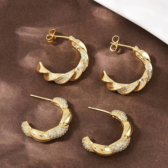 Серьги-гвоздики с микропаве из прозрачных кубических цирконий в форме спирали из латуни, долговечный, стойки покрытие