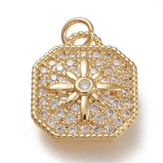 Messing micro pave klare zirkonia anhänger, mit Ringe springen, Sechseck mit Blume