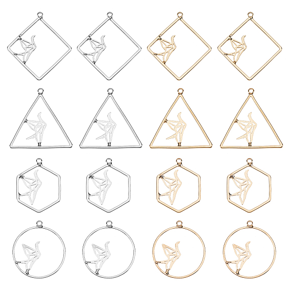 16Pcs 8 Style Alloy Hollow Pendants, Hexagon with Paper Crane