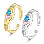 Brass Pave Cubic Zirconia Cuff Open Rings, Heart & Wings & Footprint