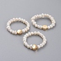 Stretch Natural Cultured Freshwater Pearl Finger Ring Sets, with Brass Beads and Elastic Crystal Thread, Heart & Flat Round & Hexagon