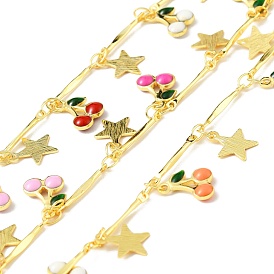 Handmade Brass Bar Link Chains, with Star & Enamel Cherry, Long-Lasting Plated, Soldered, with Spool