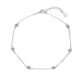Sterling Silver Clear Cubic Zirconia Round Link Chain Anklet