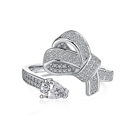 925 Sterling Silver Teardrop & Bowknot Open Cuff Ring with Cubic Zirconia, with S925 Stamp