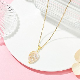 Подвеска в виде листа из натуральной пресноводной раковины 304 цепочка из нержавеющей стали для женщин, цвет морской раковины