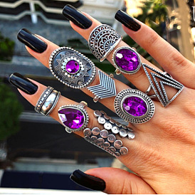 Retro Waterdrop Rhinestone Amethyst Joint Ring Set with Geometric Triangle Cutout (9 Pieces) for Women