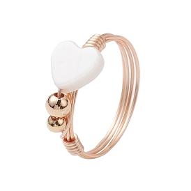 Кольцо из натуральной пресноводной ракушки в форме сердца с бисером, женское кольцо из медной проволоки, с латунной бисера