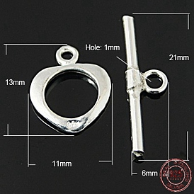 925 Sterling Silver Toggle Clasps, Ring: 13x11mm,  Bar: 21x6mm, Hole: 1mm