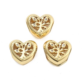 Brass Micro Pave Cubic Zirconia Europe Beads, Large Hole Beads, Long-Lasting Plated, Cadmium Free & Lead Free, Heart with Tree of Life