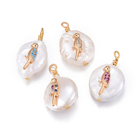 Natural Cultured Freshwater Pearl Pendants, with Brass Cubic Zirconia Findings, Nuggets with Bird, Golden