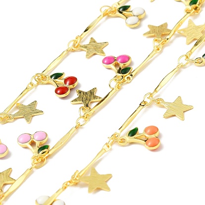 Handmade Brass Bar Link Chains, with Star & Enamel Cherry, Long-Lasting Plated, Soldered, with Spool