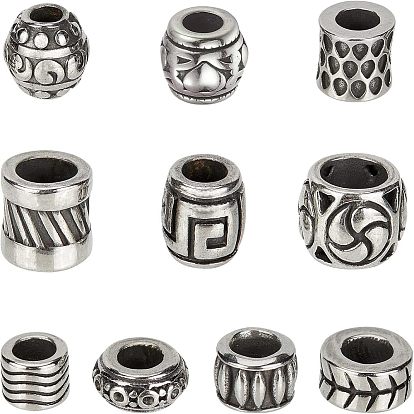 10 Style 304 Stainless Steel European Beads, Large Hole Beads