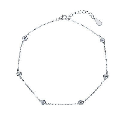 Sterling Silver Clear Cubic Zirconia Round Link Chain Anklet