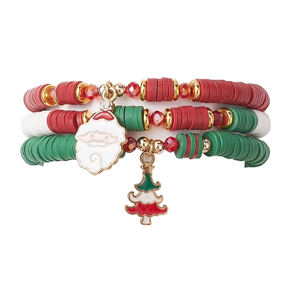 3 piezas 3 estilos conjuntos de pulseras elásticas con cuentas de arcilla polimérica hechas a mano, Pulseras apilables con dijes de esmalte de aleación de Papá Noel y árbol de Navidad para mujer