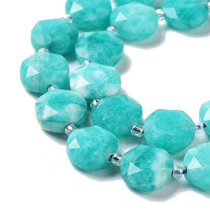 Natural White Jade Dyed Beads Strands, with Seed Beads, Faceted Hexagonal Cut, Flat Round, Imitation Amazonite