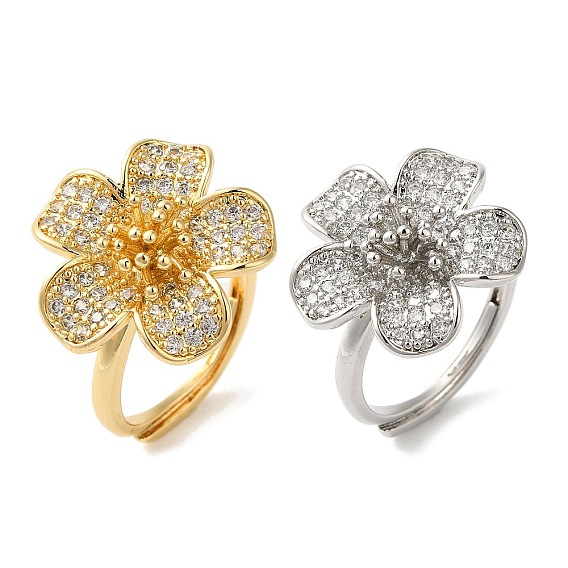 Покрытие стойки цветок латунь микро паве регулируемые кольца из прозрачного кубического циркония, долговечный, без свинца и без кадмия