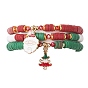 3Pcs 3 Styles Handmade Polymer Clay Beaded Stretch Bracelet Sets, Santa Claus & Christmas Tree Alloy Enamel Stackable Charm Bracelets for Women