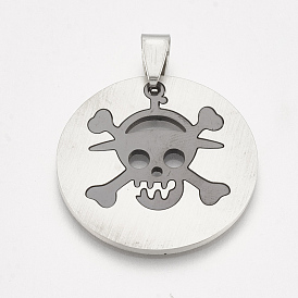 201 Stainless Steel Split Pendants, Flat Round with Skull