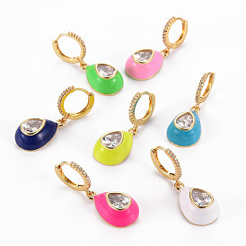 Серьги-кольца из латуни с микропаве из прозрачного кубического циркония, с эмалью, без никеля , слеза, золотые