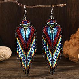 Bohemian Style Tassel Dangle Earrings, with Triangle Pattern and Glass Beads, Platinum