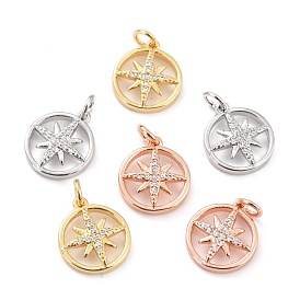 Brass Micro Pave Cubic Zirconia Pendants, with Jump Rings, Long-Lasting Plated, Cadmium Free & Lead Free, Flat Round with Sun