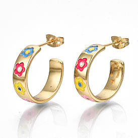 Brass Enamel Stud Earrings, Half Hoop Earrings, with Ear Nuts, Nickel Free, Ring with Flower, Real 16K Gold Plated