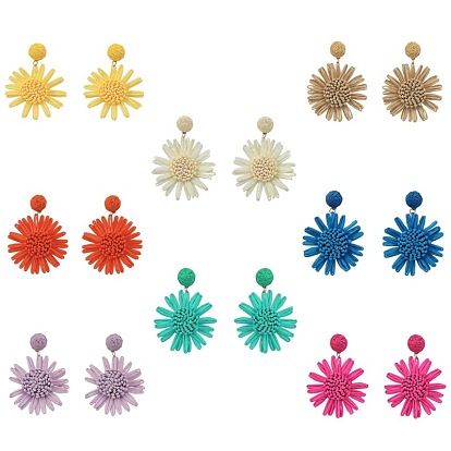 Серьги-гвоздики с цветком и травой из латуни, с рафией, золотые