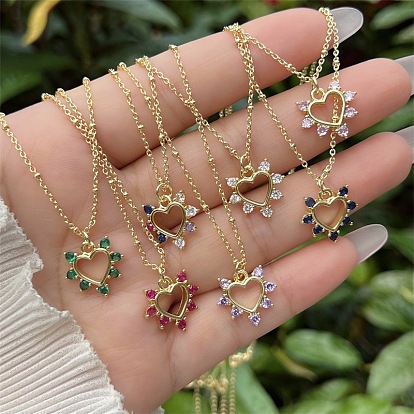 Brass Pave Cubic Zirconia Heart Pendant Necklaces for Women, Real 18K Gold Plated