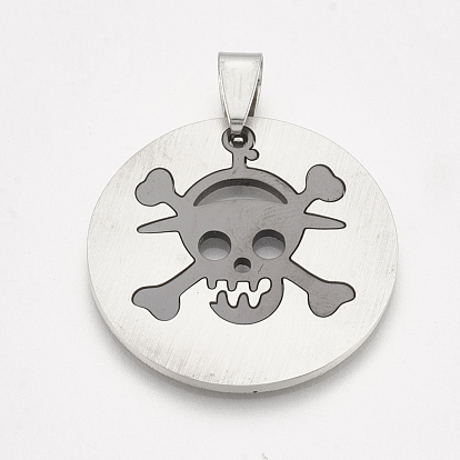 201 Stainless Steel Split Pendants, Flat Round with Skull