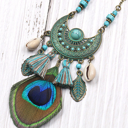 Natural Shell & Tassel & Peacock Feather Pendant Necklace, Bohamian Alloy Jewelry for Women