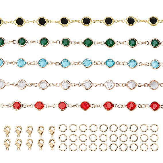 5m 5 цвета латунь стекло стразы цепочки звенья, несварные, плоско-круглые, золотой свет, с латунными застежками-когтями из 10 шт., 30шт латуни кольца прыжок