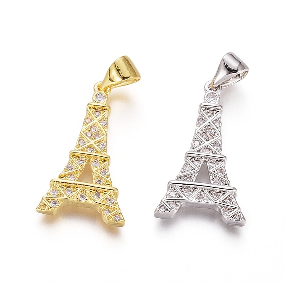 Brass Micro Pave Clear Cubic Zirconia Pendants, Cadmium Free & Lead Free, Eiffel Tower