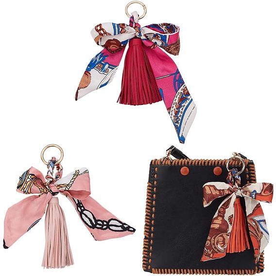 3Pcs 3 Colors PU Imitation Leather Tassel Keychain, with Alloy Key Rings and Bowknot Ribbon