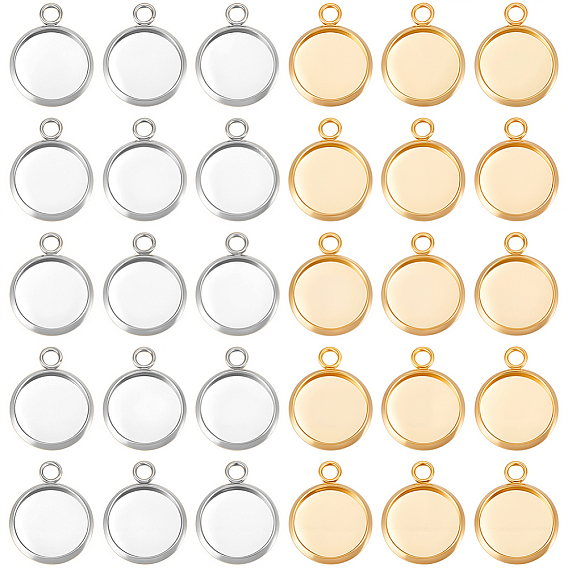 40Pcs 2 Styles 304 Stainless Steel Pendant Cabochon Settings, Plain Edge Bezel Cups, Flat Round