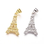 Brass Micro Pave Clear Cubic Zirconia Pendants, Cadmium Free & Lead Free, Eiffel Tower