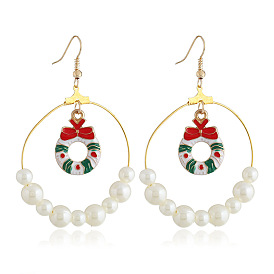 Red Bow Christmas Wreath Pearl Earrings - Fashionable Holiday Jewelry Set