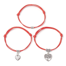 3Pcs 3 Styles Adjustable Korean Waxed Polyester Cord Bracelets for Women, with Tibetan Style Alloy Pendants and Beads, Heart