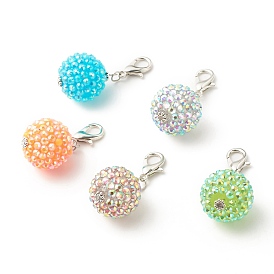 AB-color Resin Rhinestone Pendant Decorates, with Alloy Beads & Zinc Alloy Lobster Claw Clasps, Round
