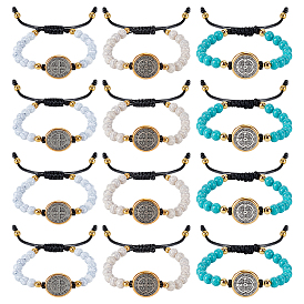 12шт. 3 цвета браслеты из сплава, Браслеты из плетеных бусин с круглыми бусинами из искусственной бирюзы для мужчин и женщин, плоские круглые с святым Бенедиктом