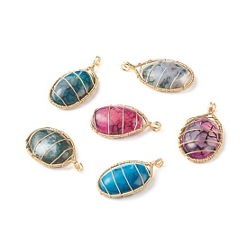 Natural Mixed Gemstone Pendants, with Real 18K Gold Plated Copper Wire, Oval