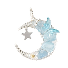 Natural Stone Round Chip Wire Wrapped Pendants, Moon Charms with Acrylic Butterfly, Silver Color Plated