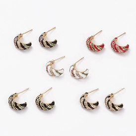 Brass Micro Pave Cubic Zirconia Half Hoop Earrings, Stud Earrings, with Enamel, Long-Lasting Plated, Moon, Golden