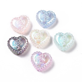 UV Plating Rainbow Iridescent Acrylic Beads, Heart with Rose Flower