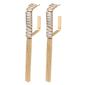 Brass Micro Pave Cubic Zirconia Half Hoop Stud Earrings, Tassel Earring for Women, Long-Lasting Plated