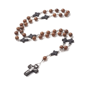 Natural Wood Rosary Bead Necklace, Synthetic Turquoise Cross Pendant Necklace for Women