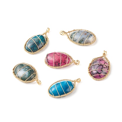 Pendentifs pierres précieuses naturelles mixtes, avec un véritable fil de cuivre plaqué or 18 k, ovale